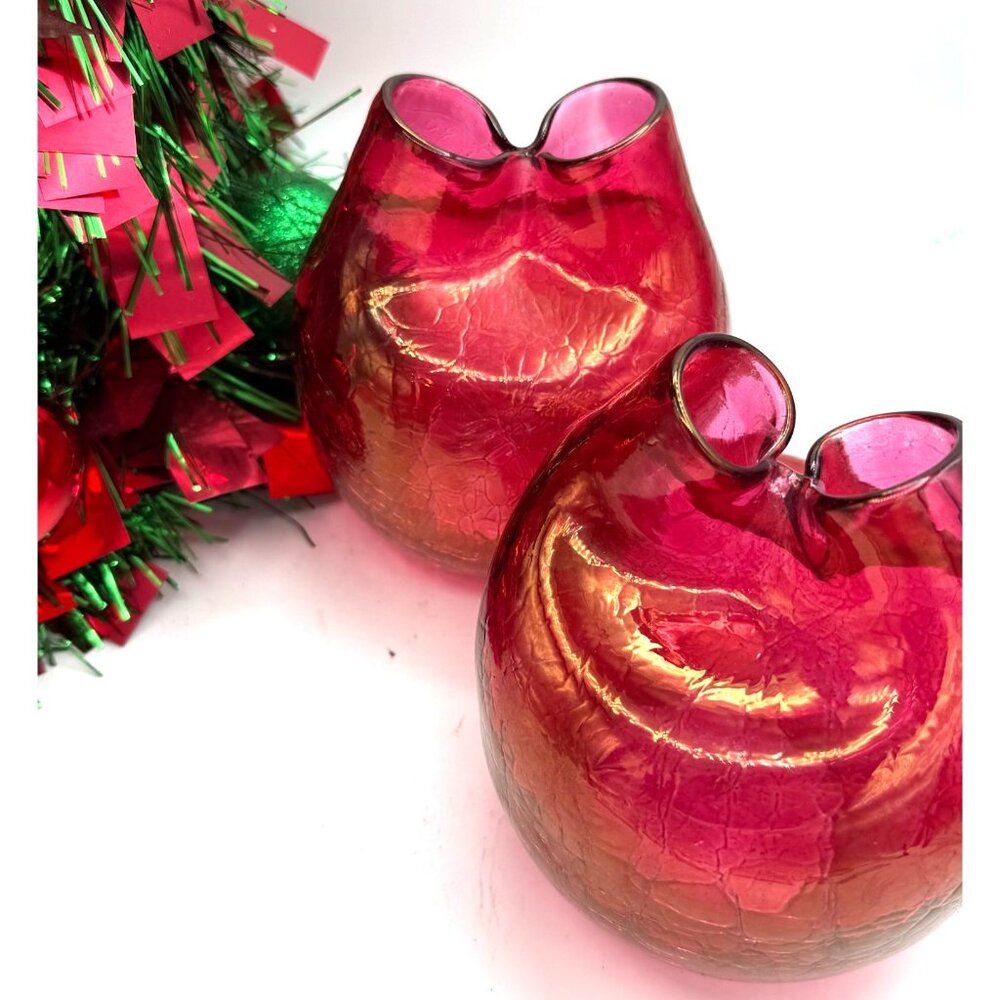 Art Glass Blenko? Pinched Vase Crackle Vintage Red Gold Florescent /Set of 2/dmg